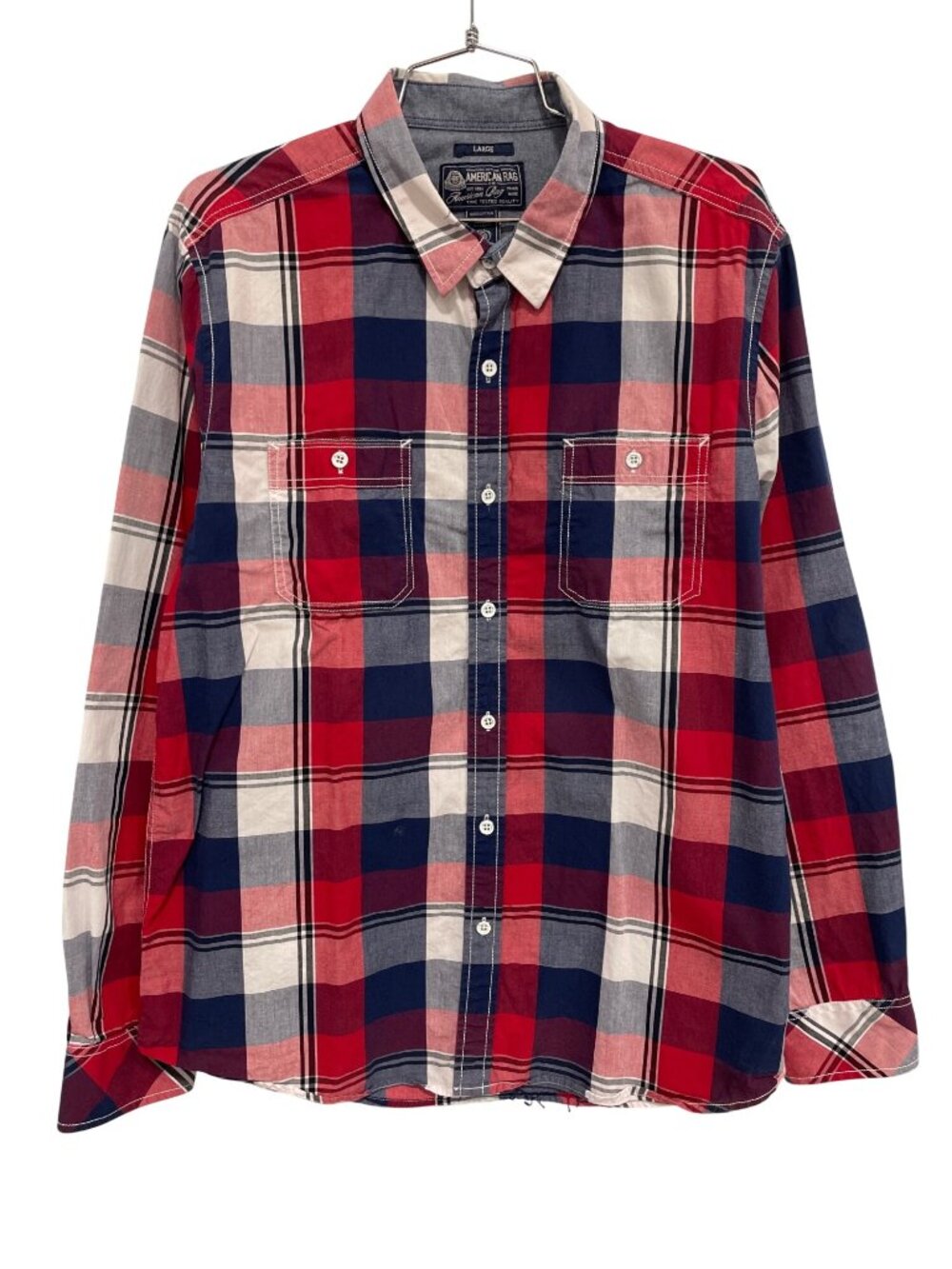 American Rag Shirt Large Plaid Button Front Long Sleeve Red Navy Preppy Academia